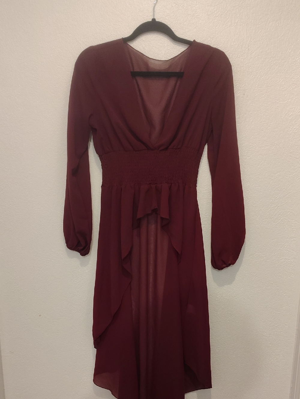 SHEIN Burgundy V-Neck Long Sleeve Ruffle Midi Dress